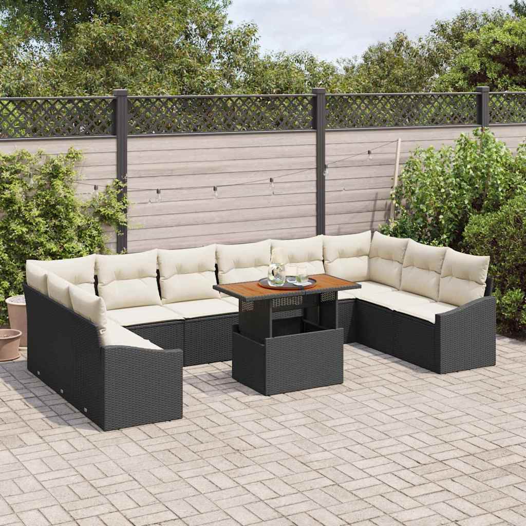 vidaXL 11-delige tuinset met kussens van zwart poly rattan en acacia