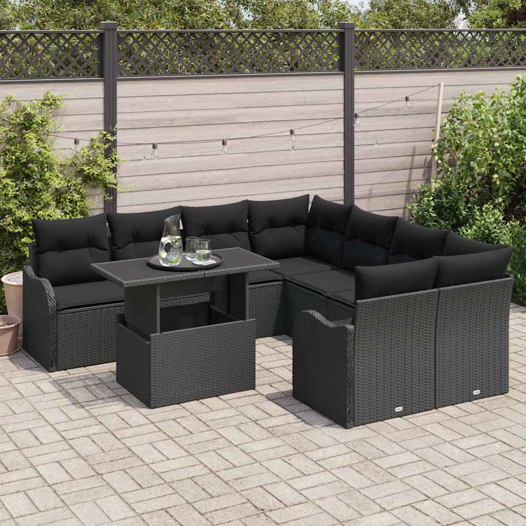 vidaXL 9-delige Tuinbankenset met kussens poly rattan zwart