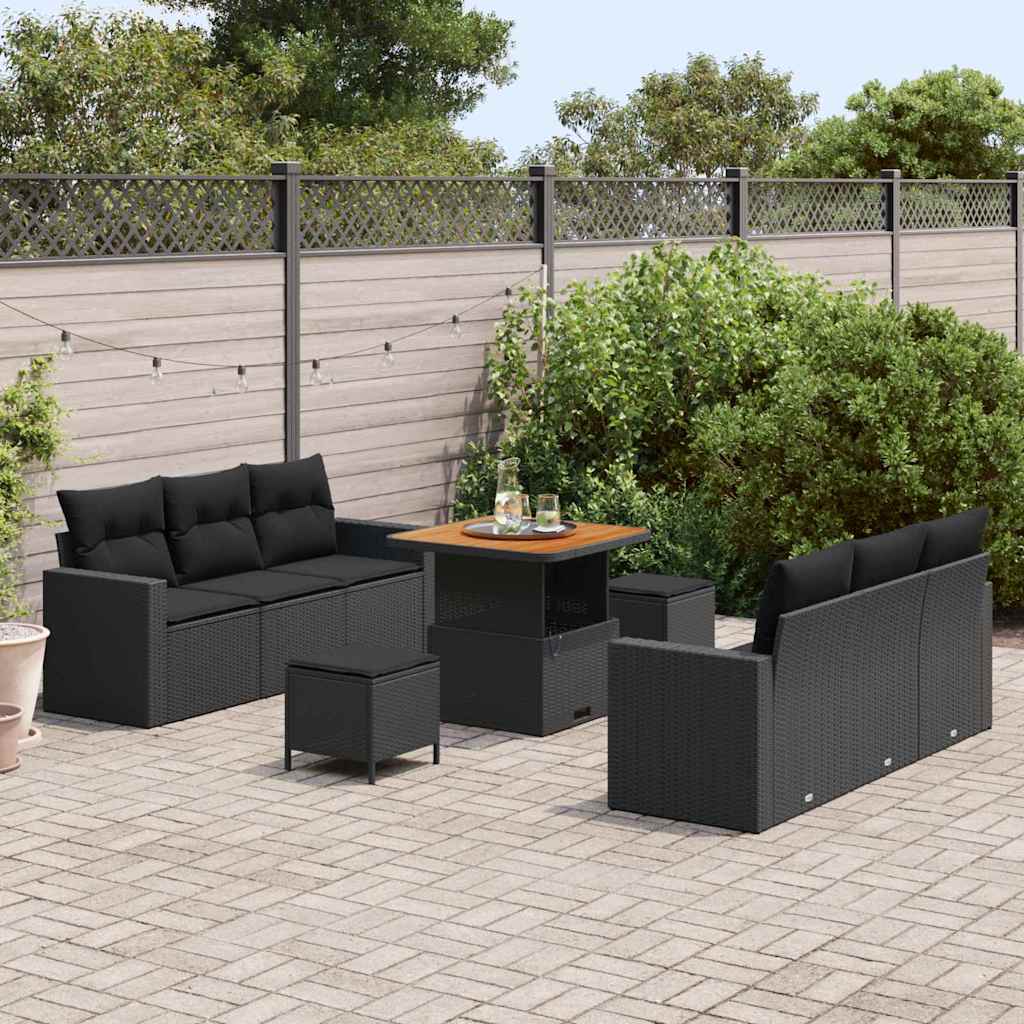 vidaXL 9-delige Tuinbankenset met kussens poly rattan acacia zwart