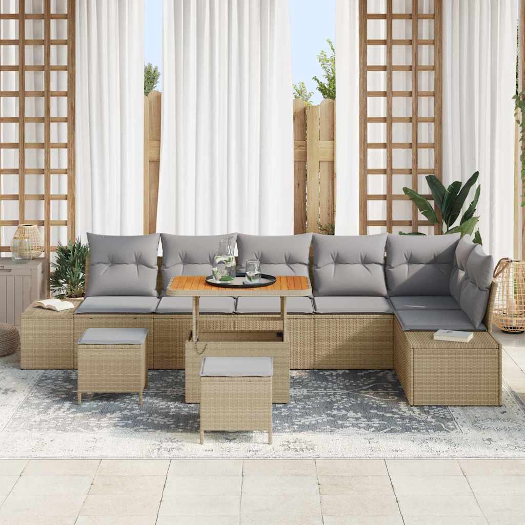 vidaXL 9-delige tuinset met kussens - Beigekleurig poly rattan en acacia