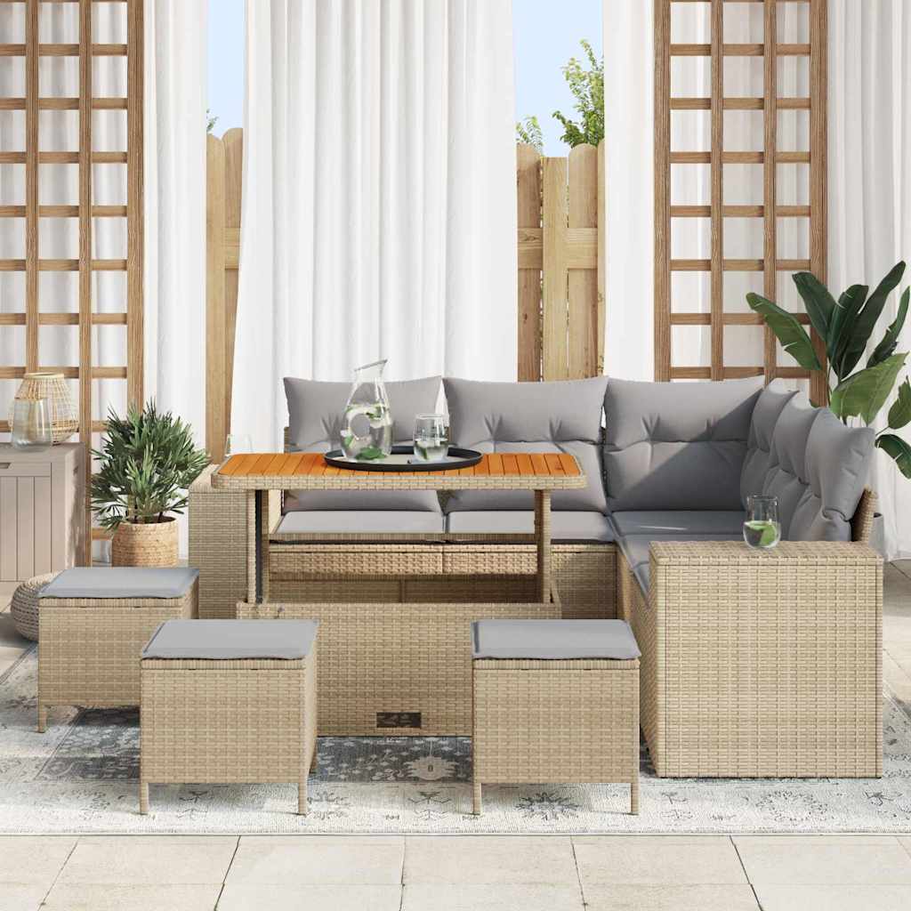 vidaXL 9-delige Tuinbankenset met kussens poly rattan acacia beige