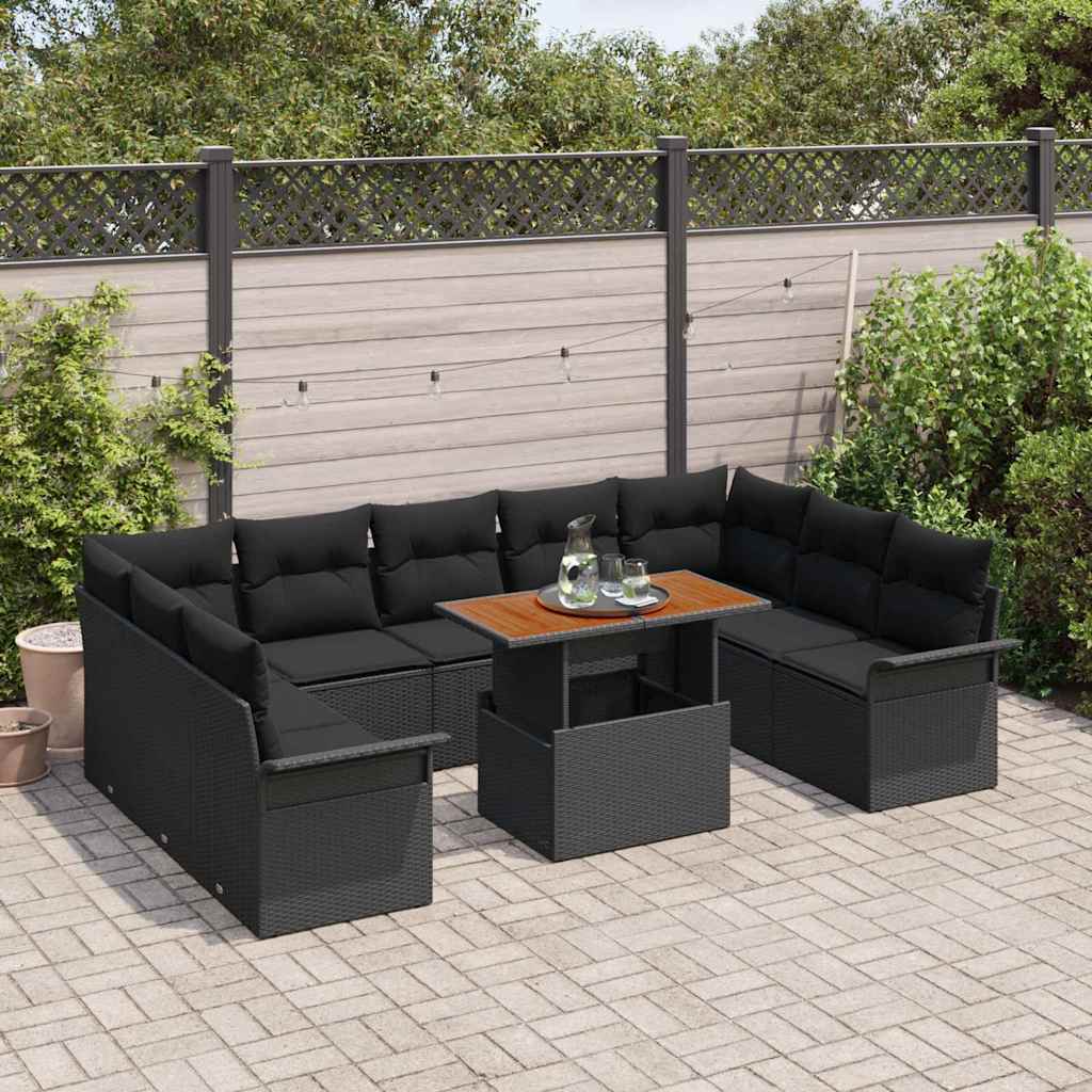 vidaXL 10-delige tuinset met kussens in zwart poly rattan en acacia.