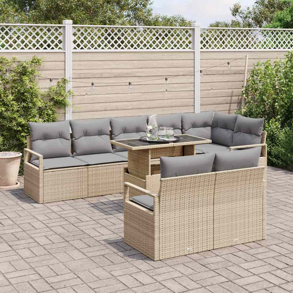 vidaXL 9-delige tuinset met kussens in beige poly rattan