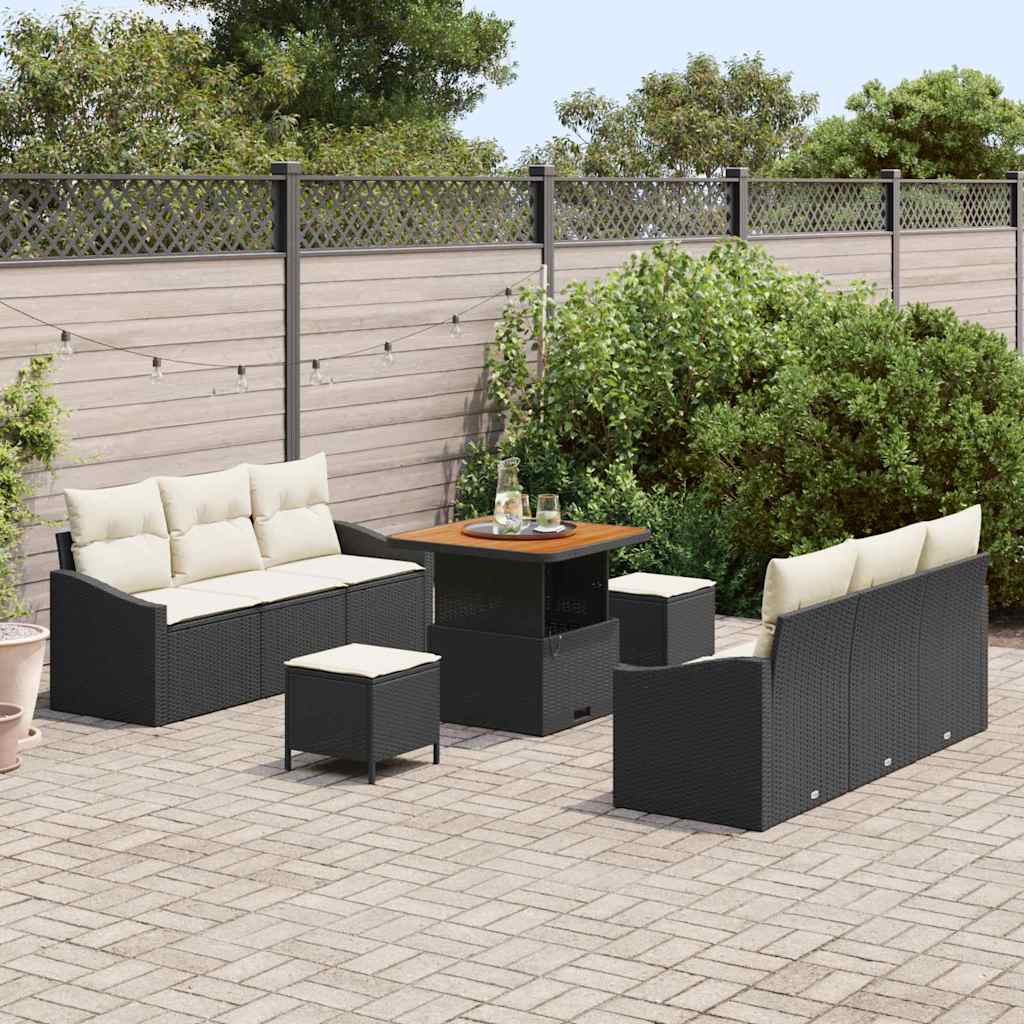 vidaXL 9-delige Tuinbankenset met kussens poly rattan acacia zwart