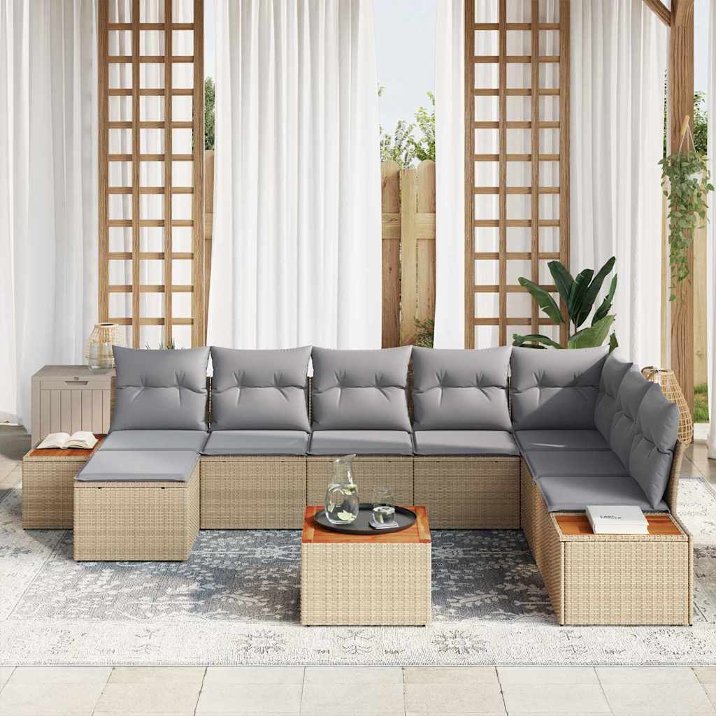 vidaXL 9-delige tuinset met kussens, beige poly riet, acacia