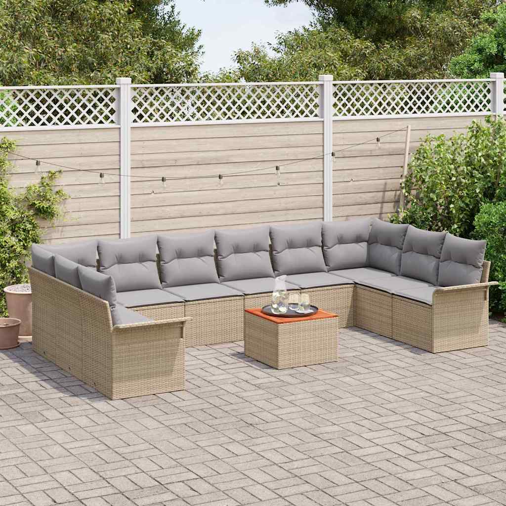 vidaXL 11-delige tuinset met kussens in beige poly rattan en acacia