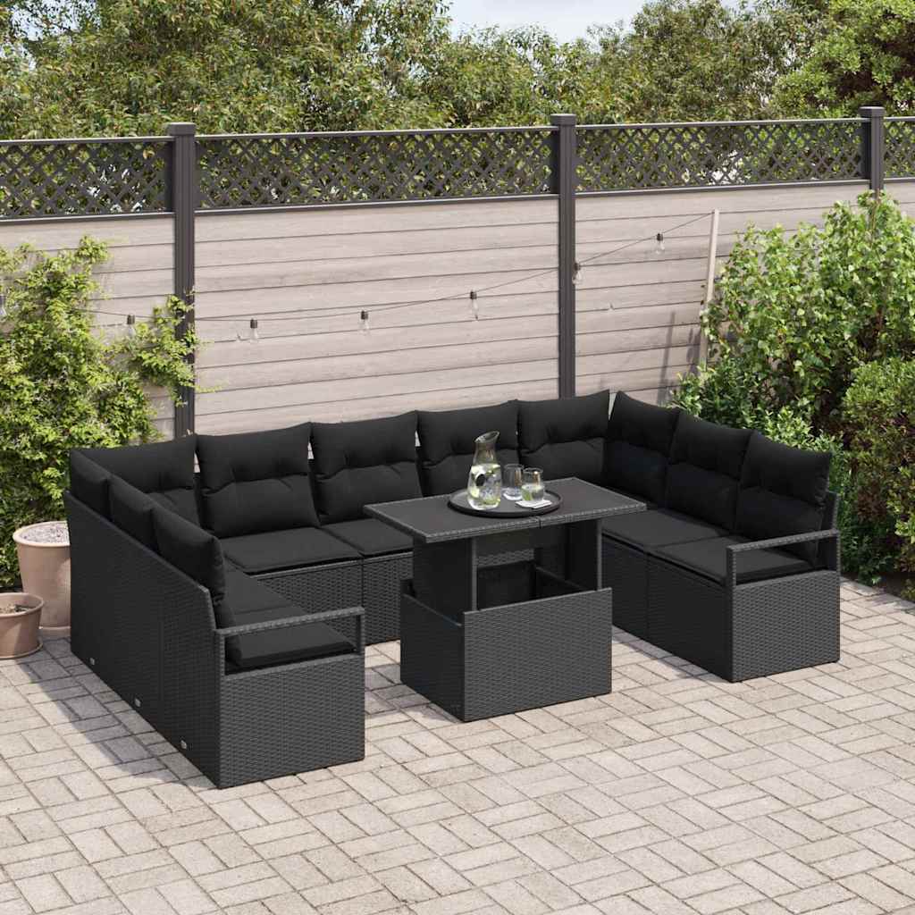 vidaXL 10-delige Tuinset met Kussens - Zwart Poly Rattan