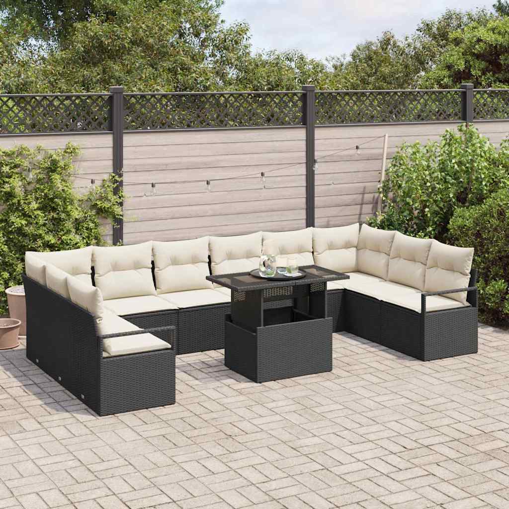 vidaXL 11-delige tuinset met kussens in zwart poly rattan