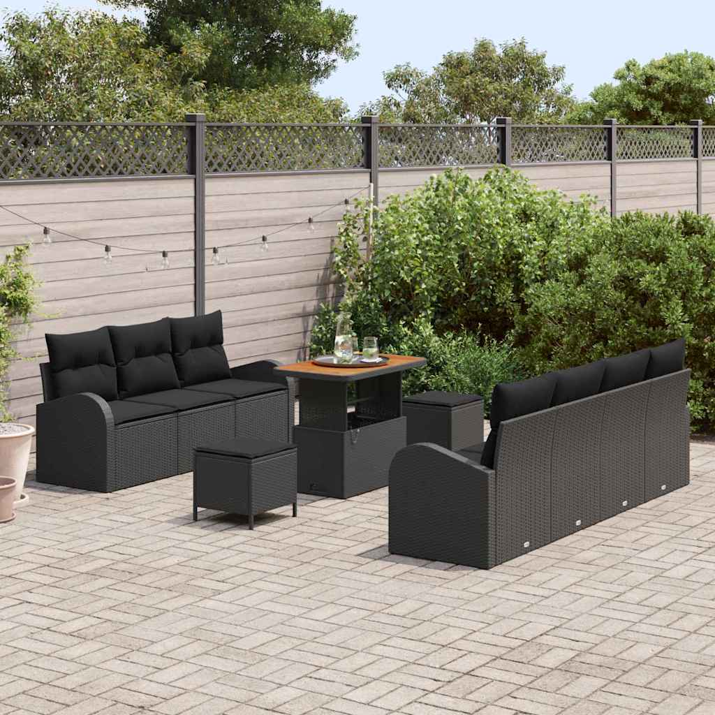 vidaXL 10-delige tuinsofa set met kussens zwart poly rattan acacia