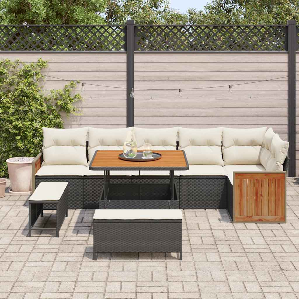 vidaXL 9-delige tuinset met kussens, zwart poly rattan, acacia