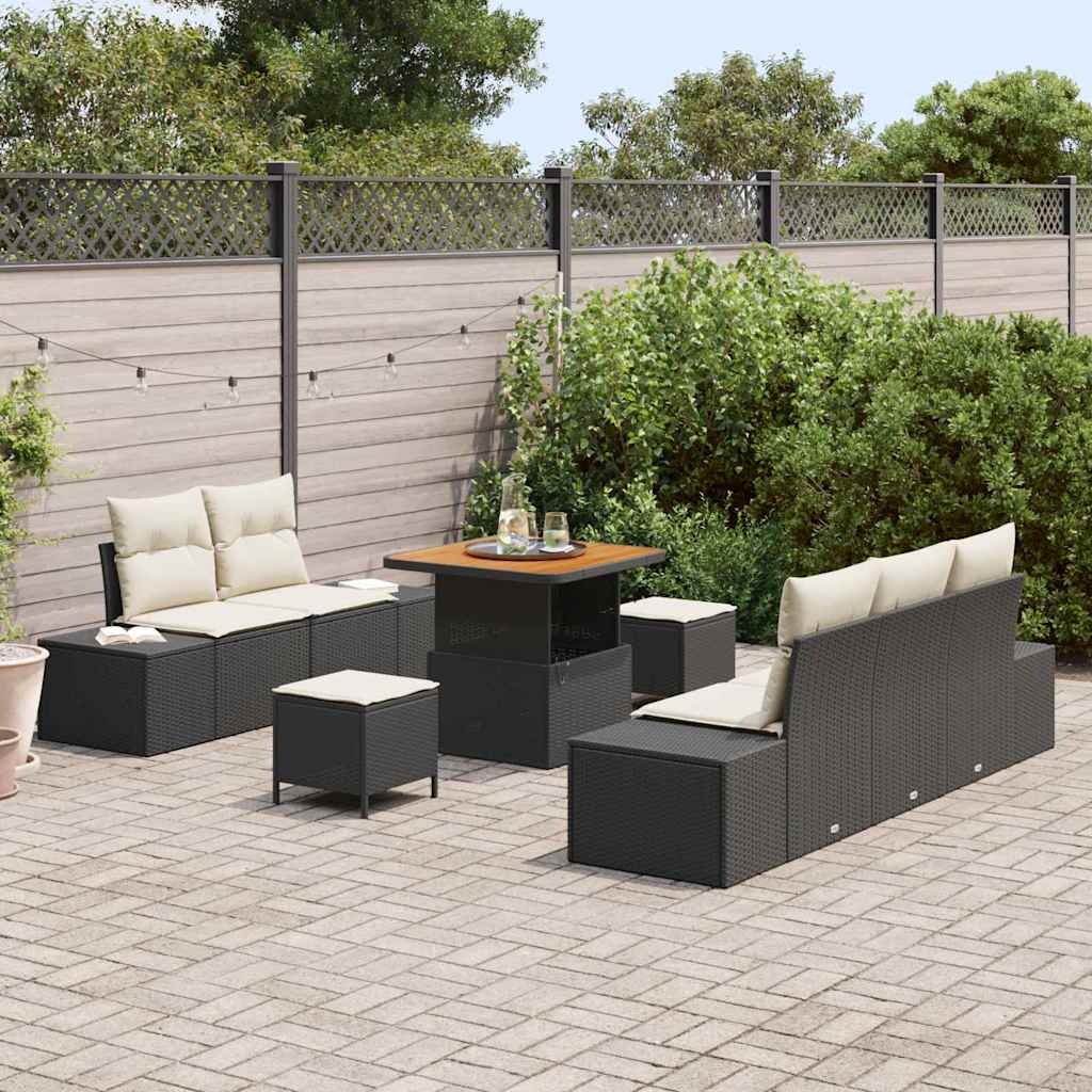 vidaXL 8-delige tuinbankset met kussens zwart poly rattan acacia