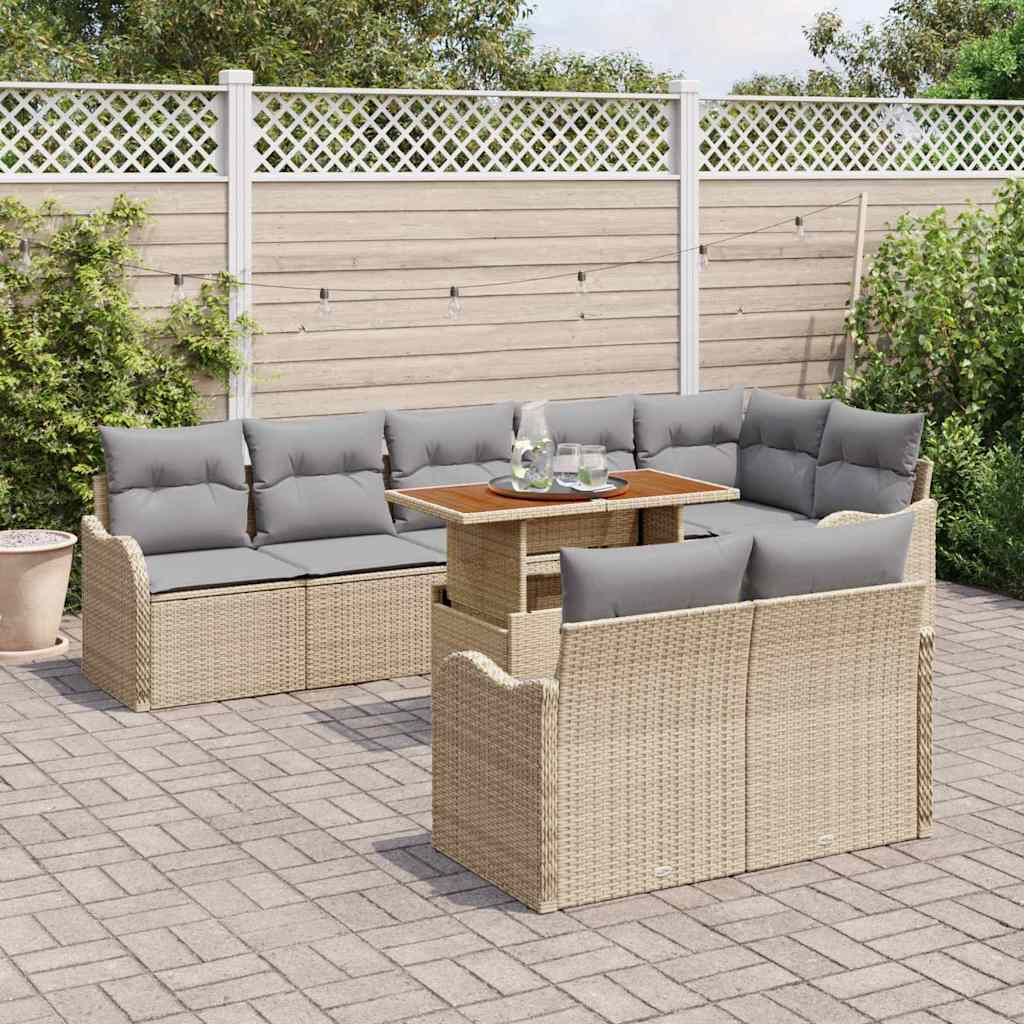 vidaXL 9-delige tuinset met kussens, beige poly rattan, acacia