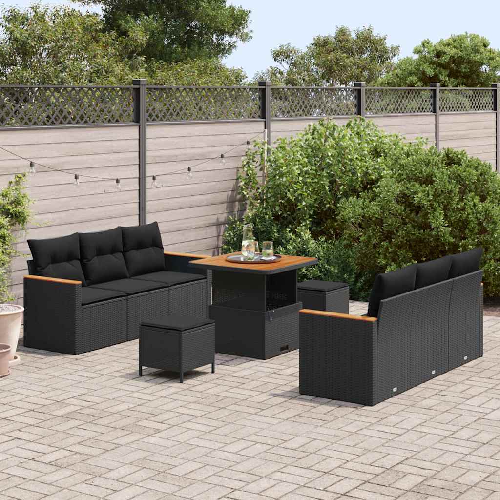 vidaXL 9-delige Tuinbankenset met kussens poly rattan acacia zwart
