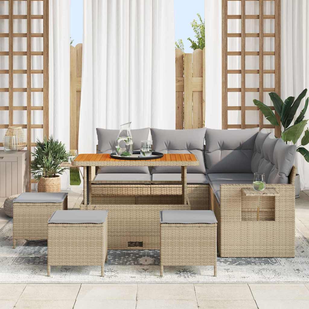 vidaXL 9-delige tuinset met kussens in beige van poly rattan en acacia