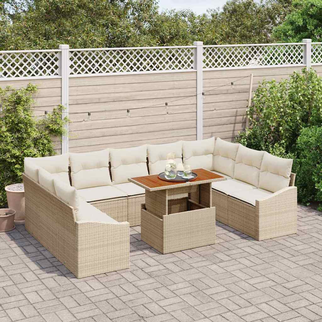vidaXL 10-delige tuinset met kussens, beige poly riet en acacia