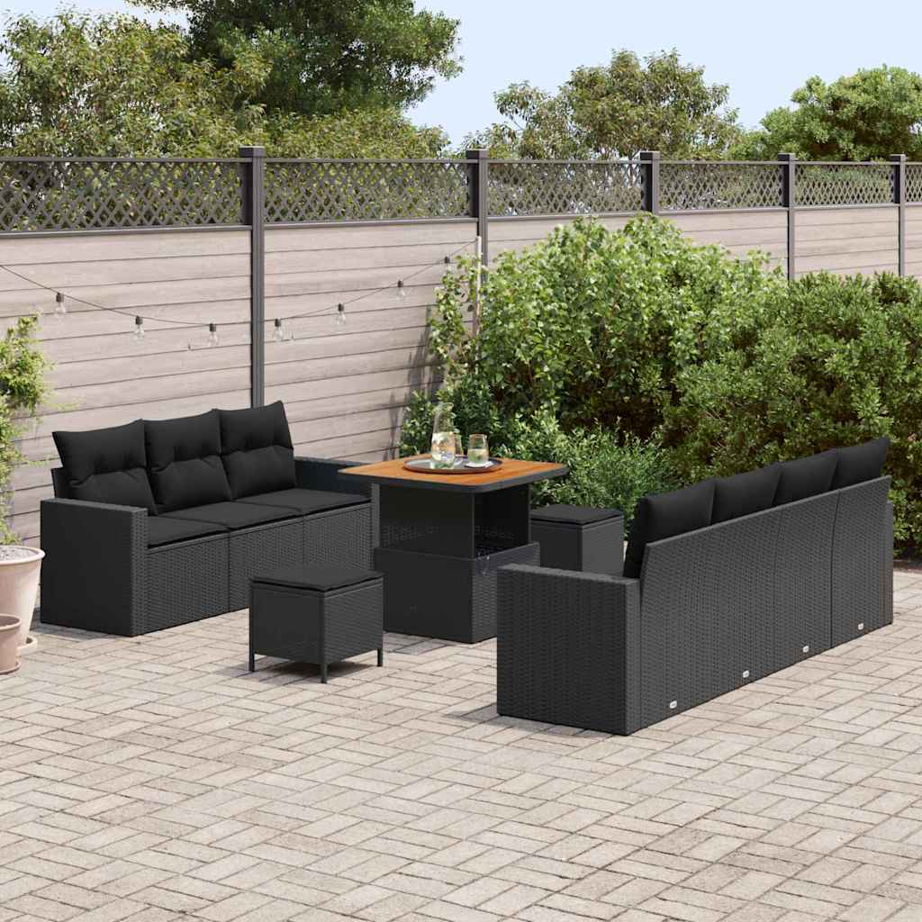 vidaXL 10-delige Tuinbankenset met kussens poly rattan acacia zwart