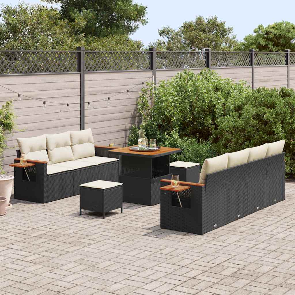 vidaXL 10-delige Tuinbankenset met kussens poly rattan acacia zwart