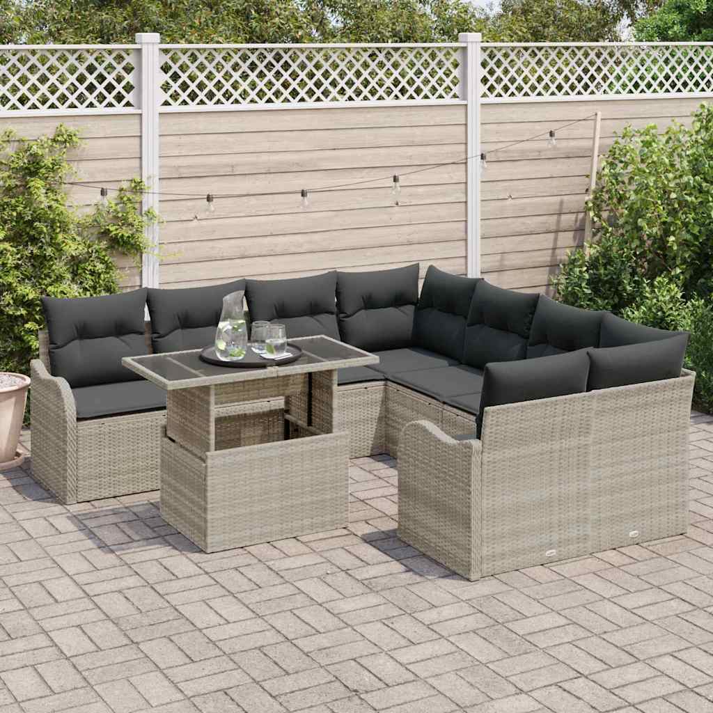 vidaXL 9-delige Tuinbankenset met kussens poly rattan lichtgrijs