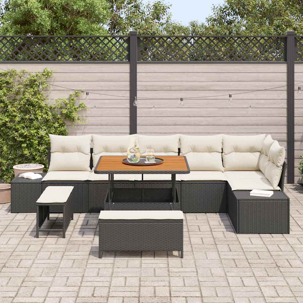 vidaXL 9-delige tuinsofa set met kussens in zwart poly rattan en acacia hout