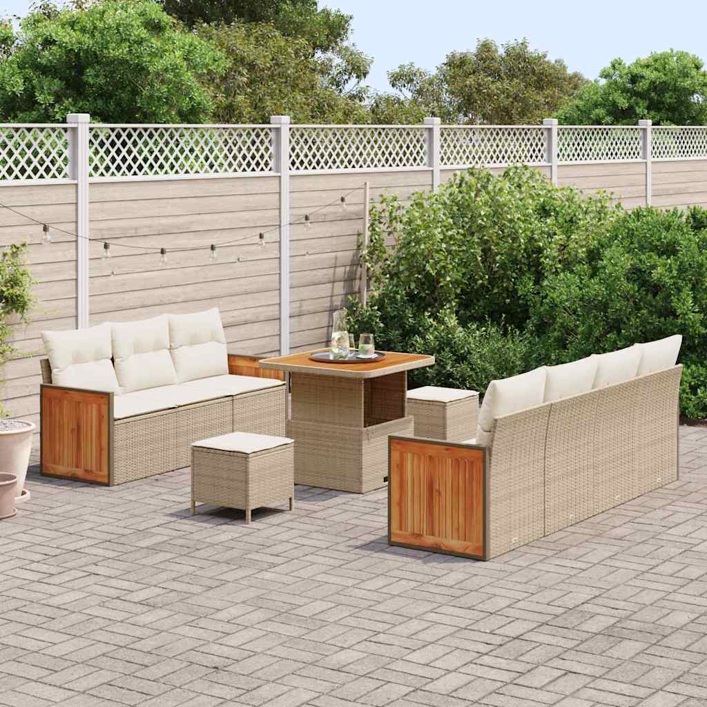 vidaXL 10-delige tuinset met kussens in beige van poly rattan en acacia
