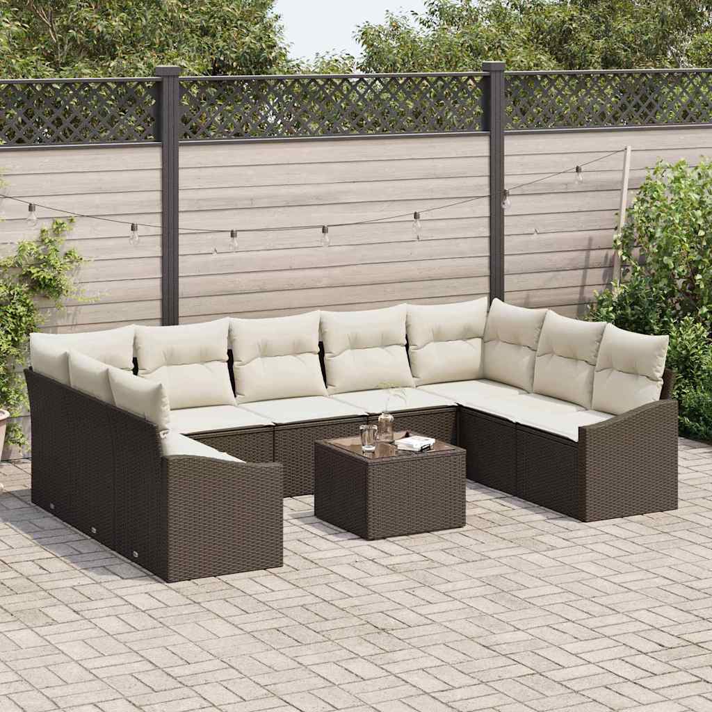 vidaXL 10-delige tuinset met kussens in bruin poly rattan