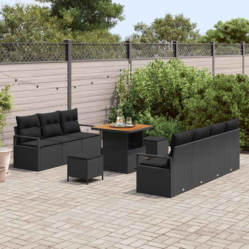 vidaXL 10-delige Tuinbankenset met kussens poly rattan acacia zwart