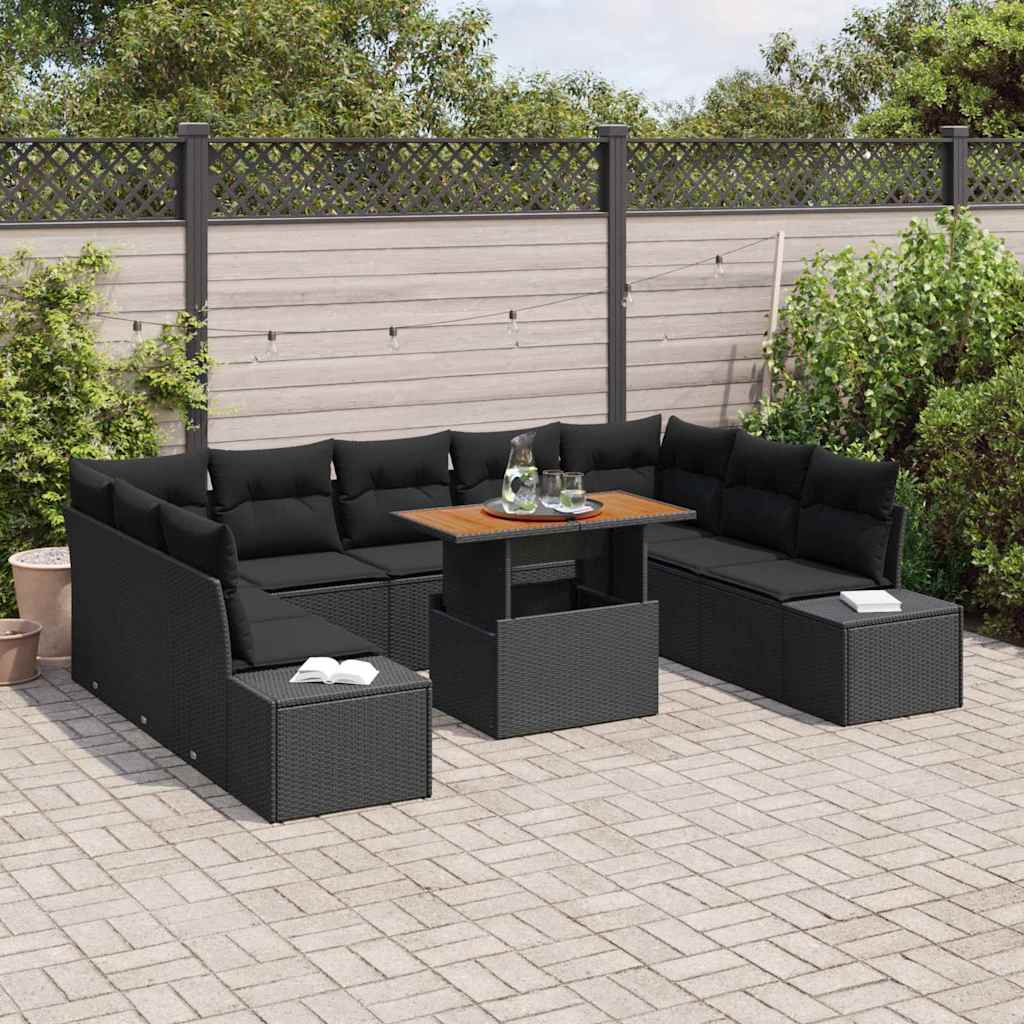 vidaXL 10-delige tuinset met kussens van zwart poly riet en acacia