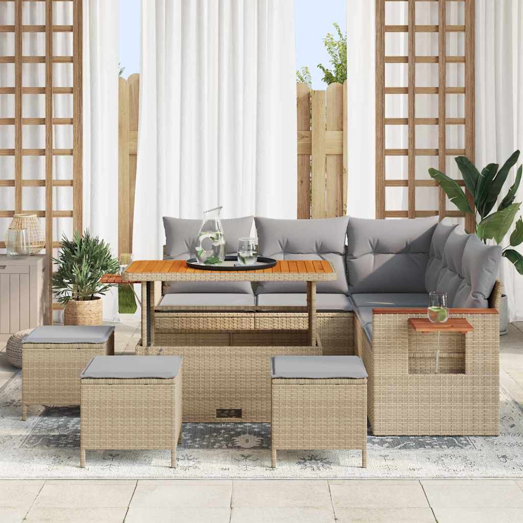 vidaXL 9-delige Tuinbankenset met kussens poly rattan acacia beige