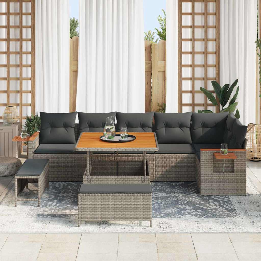 vidaXL 9-delige Tuinbankenset met kussens poly rattan acacia grijs