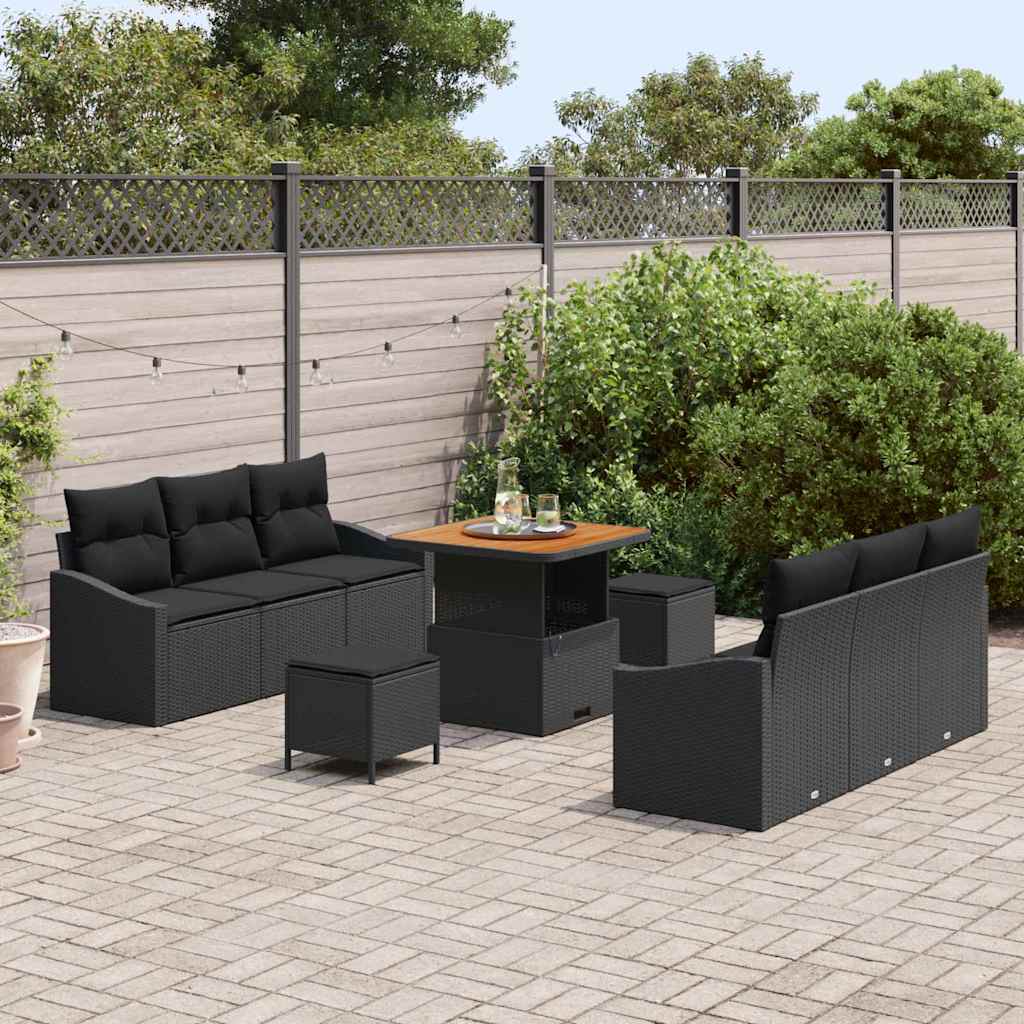 vidaXL 9-delige Tuinbankenset met kussens poly rattan acacia zwart