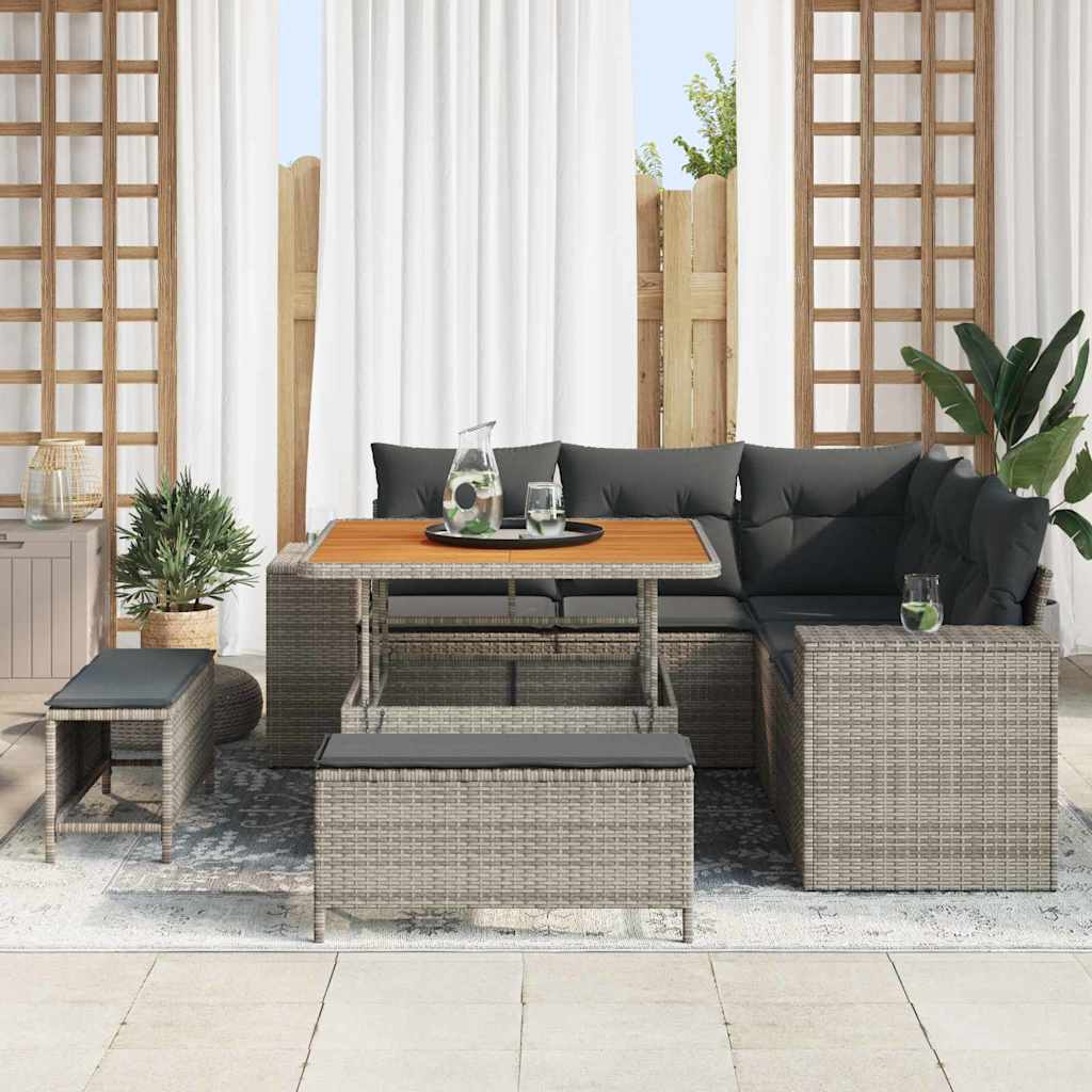 vidaXL 8 delige Tuinbankenset met kussens poly rattan acacia grijs
