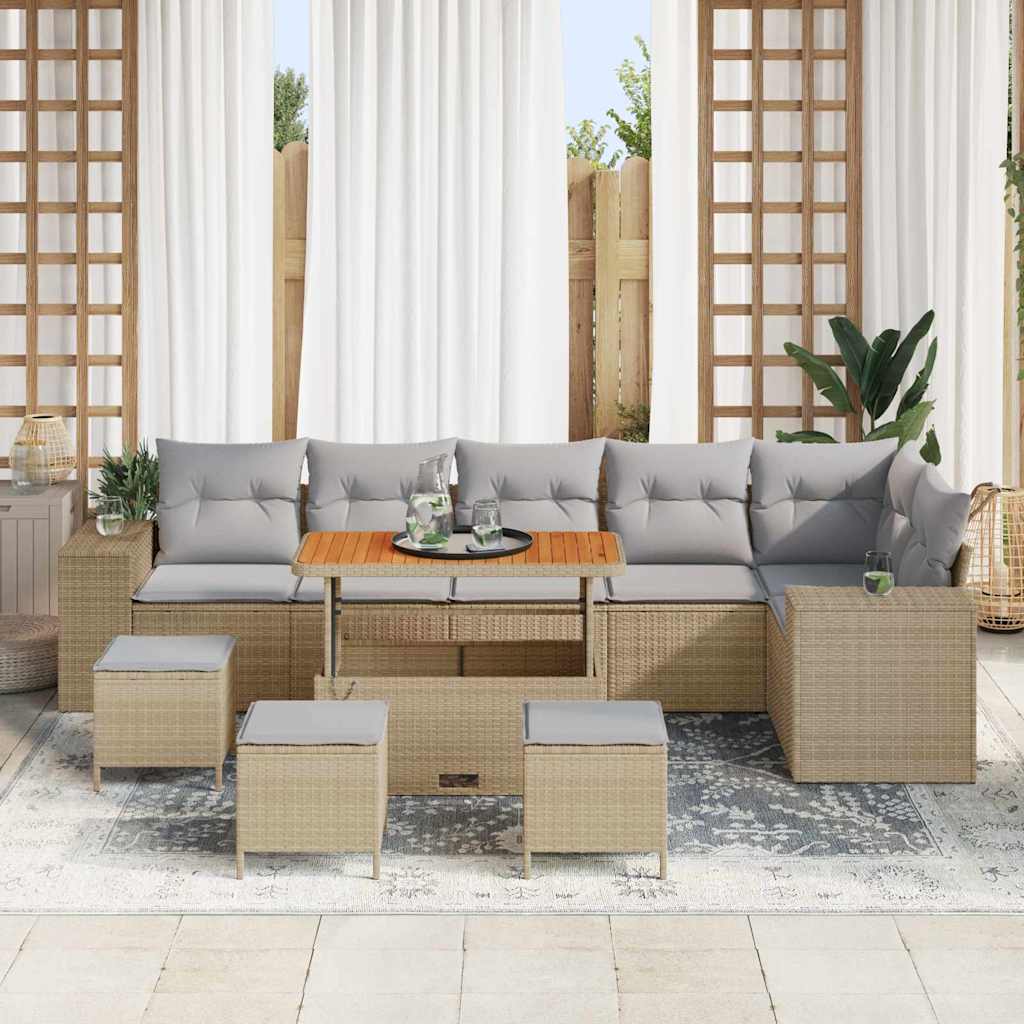 vidaXL 10-delige Tuinbankenset met kussens poly rattan acacia beige