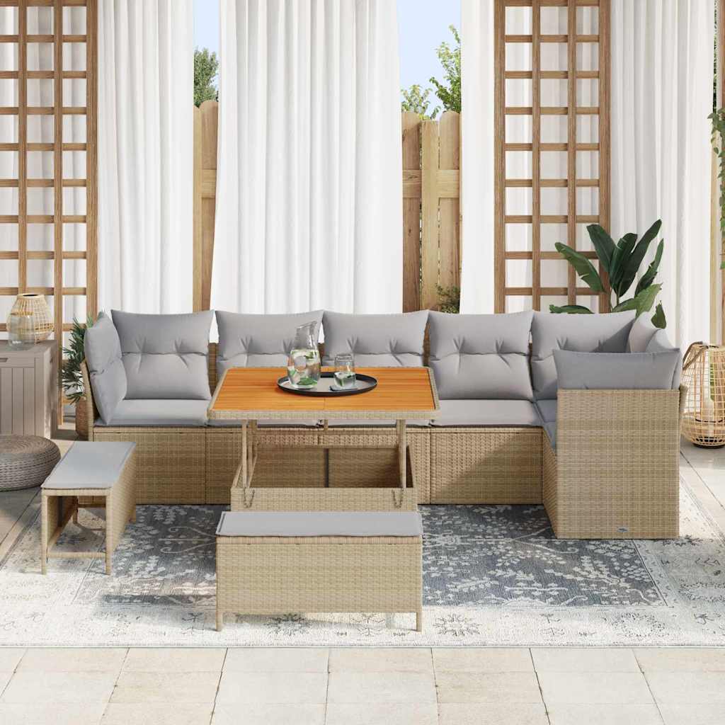 vidaXL 9-delige Tuinbankenset met kussens poly rattan acacia beige