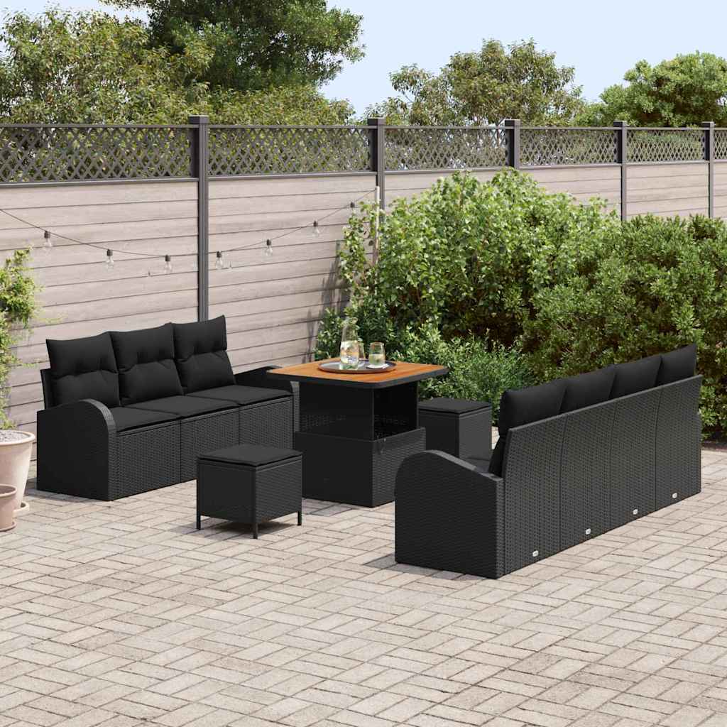 vidaXL 10-delige tuinsofa set met kussens zwart poly rattan acacia