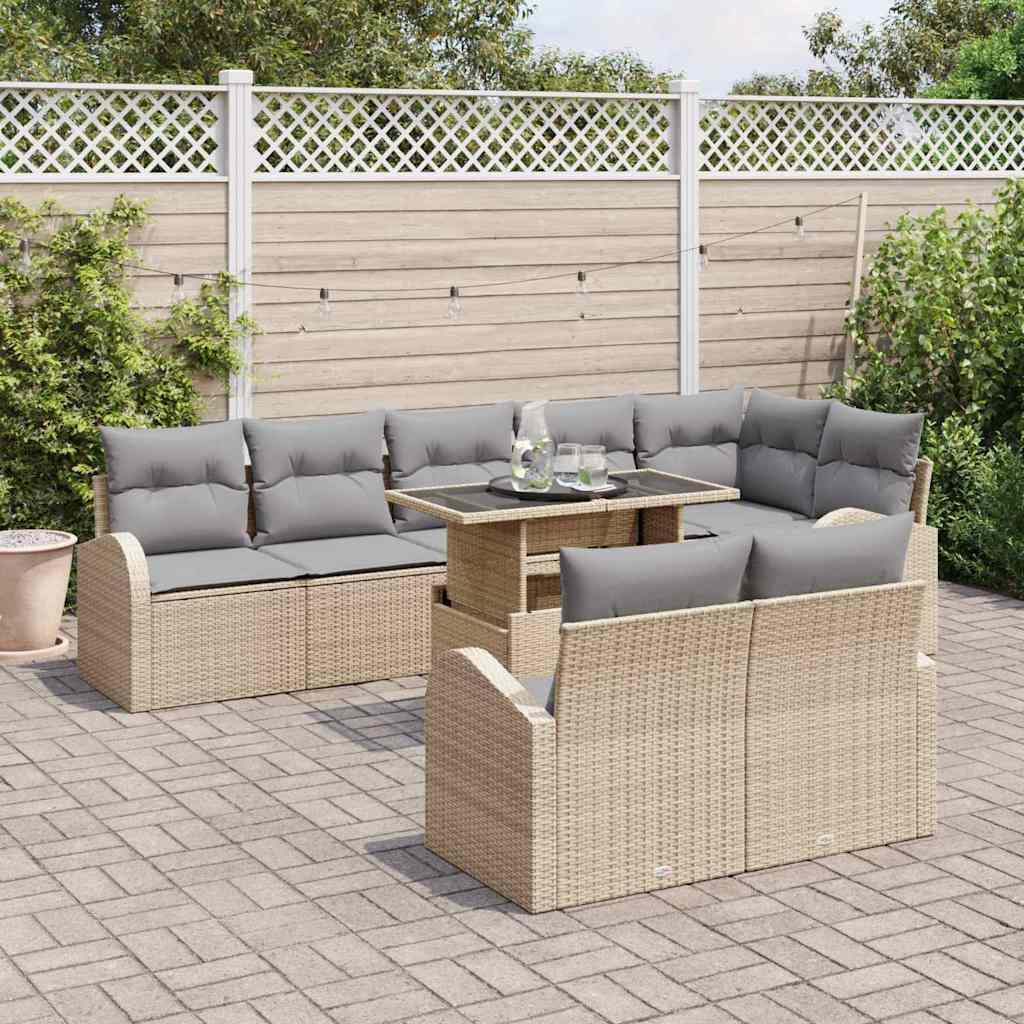 vidaXL 9-delige tuinset met kussens in beige poly rattan