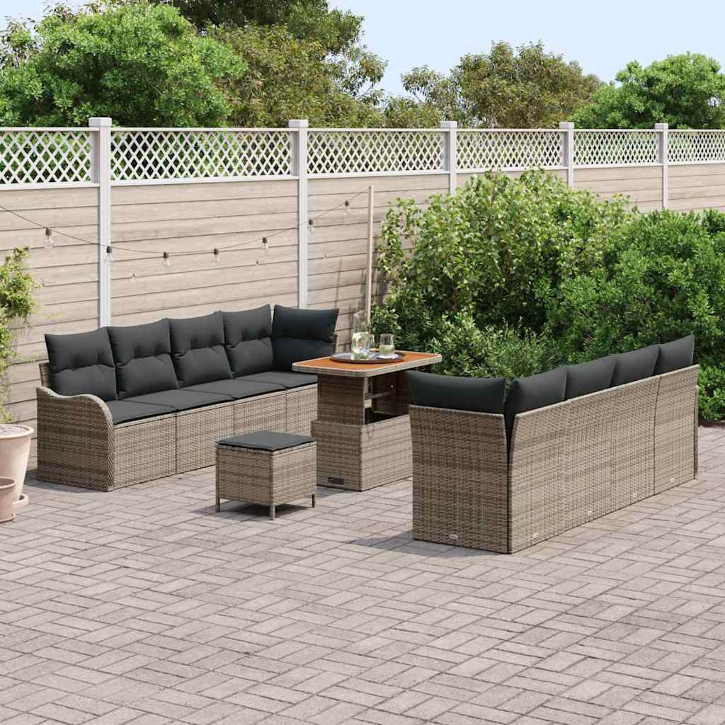 vidaXL 11-delige Tuinbankenset met kussens poly rattan acacia grijs