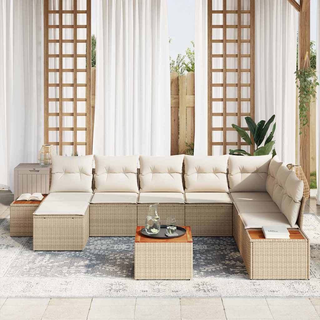 vidaXL 9-delige tuinsofa-set met kussens, beige poly rattan en acaciahout