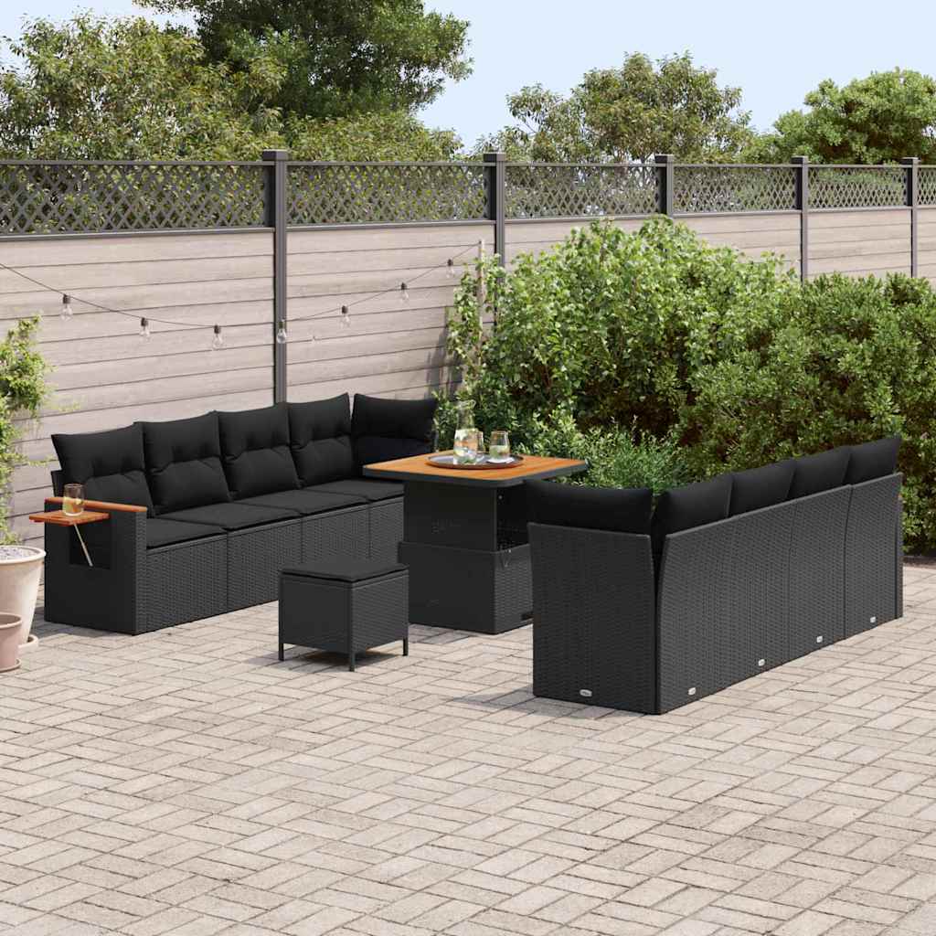 vidaXL 11-delige tuinset met kussens zwart poly rattan acacia