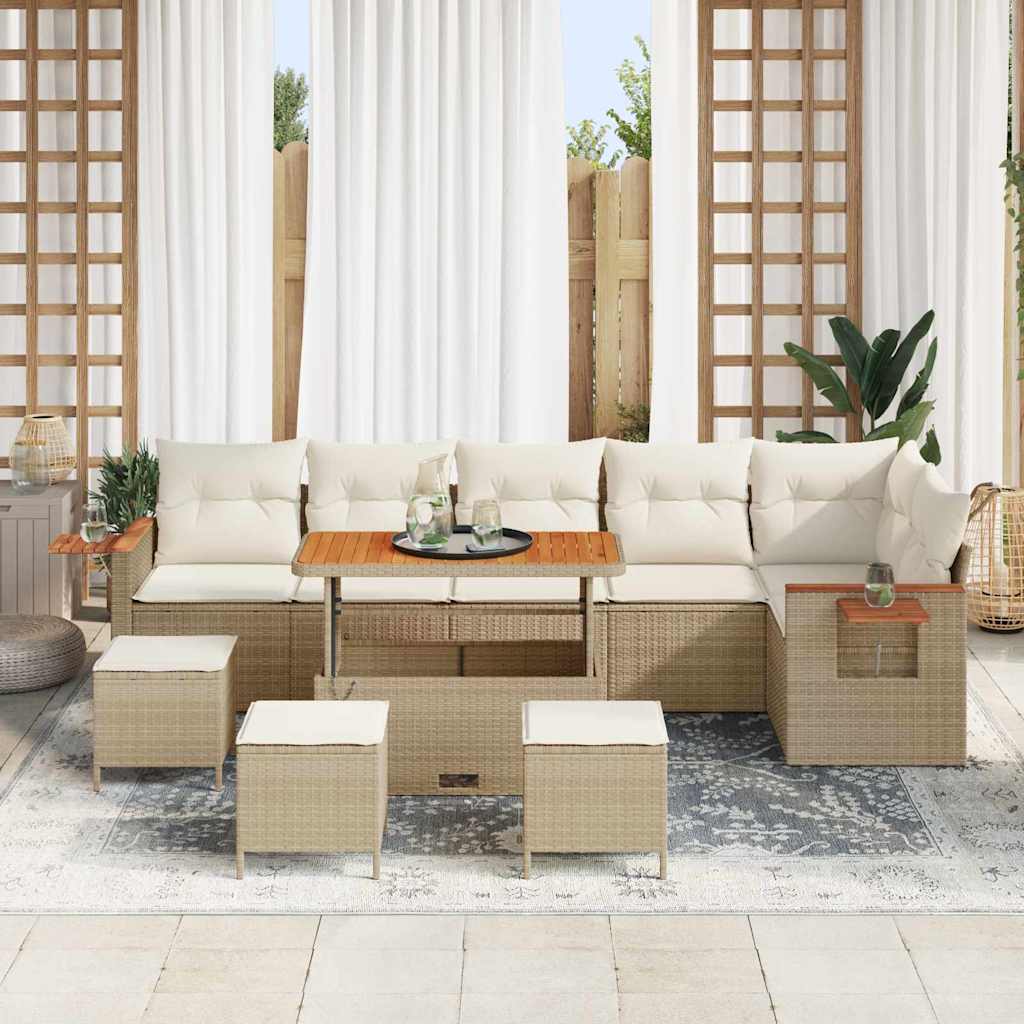 vidaXL 10-delige Tuinbankenset met kussens poly rattan acacia beige