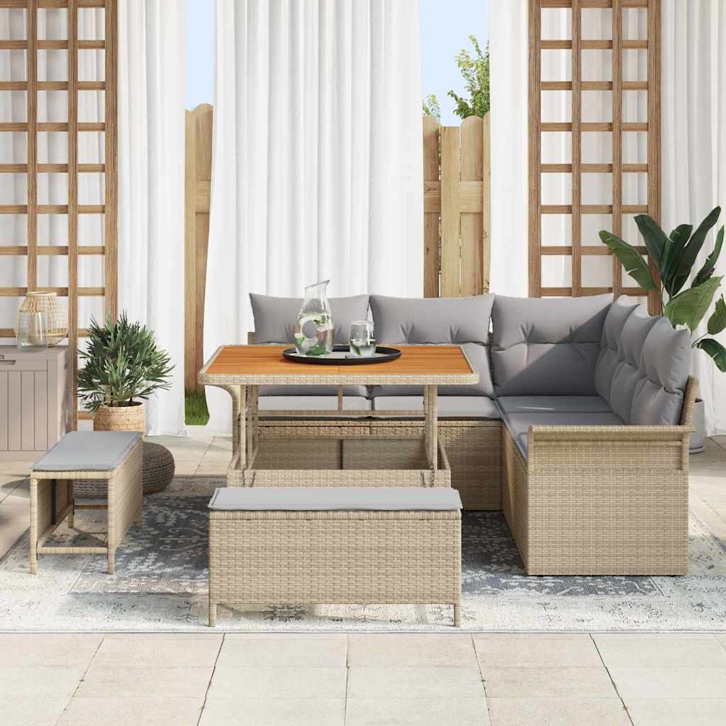 vidaXL 8-delige tuinset met kussens in beige poly rattan en acacia