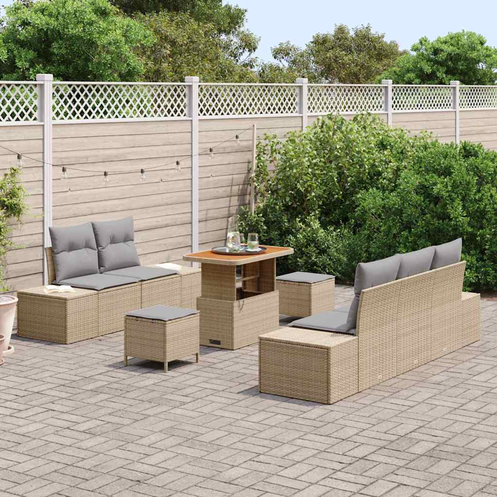 vidaXL 8-delige tuinset met kussens in beige, van poly rattan en acaciahout
