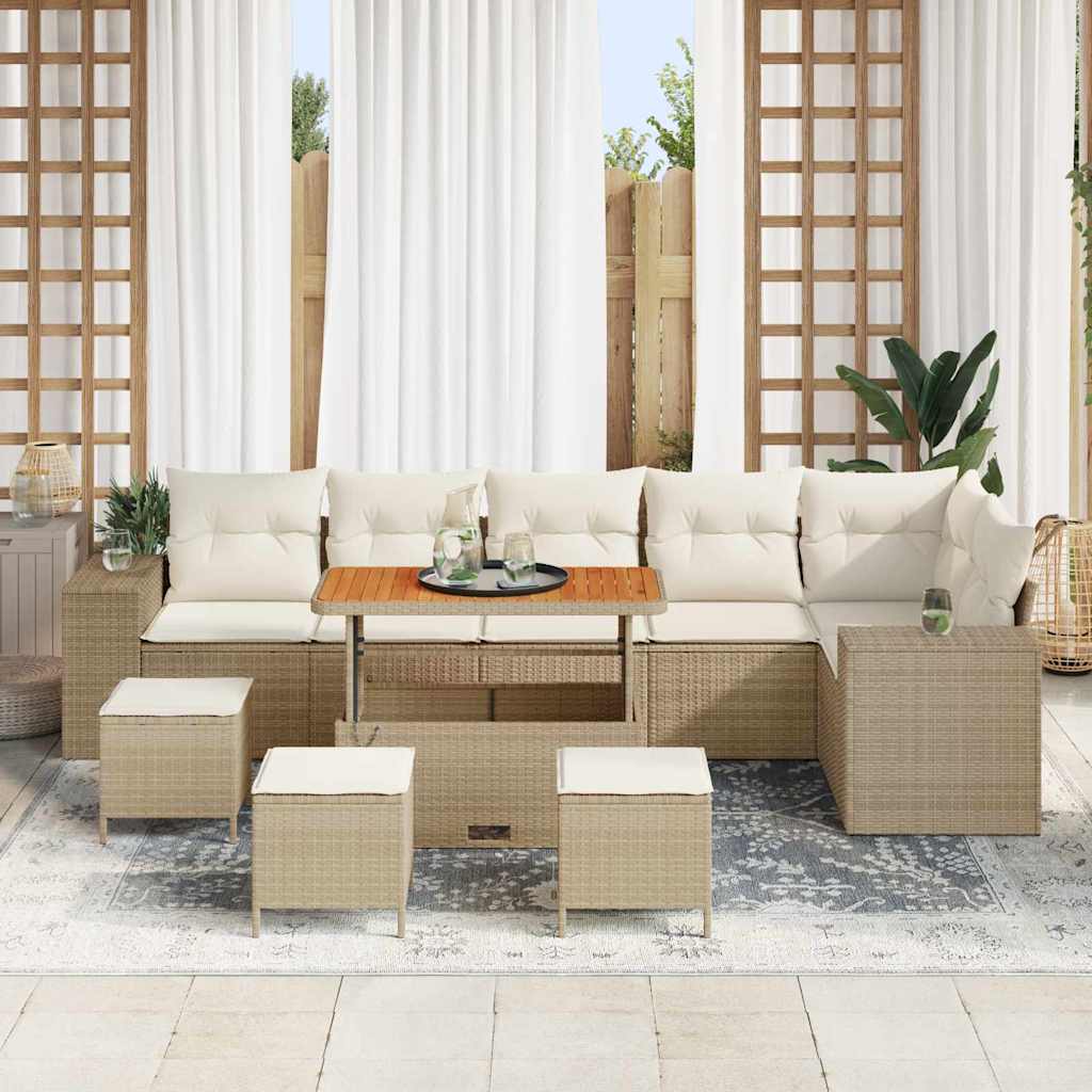 vidaXL 10-delige Tuinbankenset met kussens poly rattan acacia beige