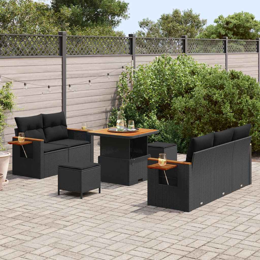 vidaXL 8-delige tuinsofa set met kussens in zwart poly rattan en acacia