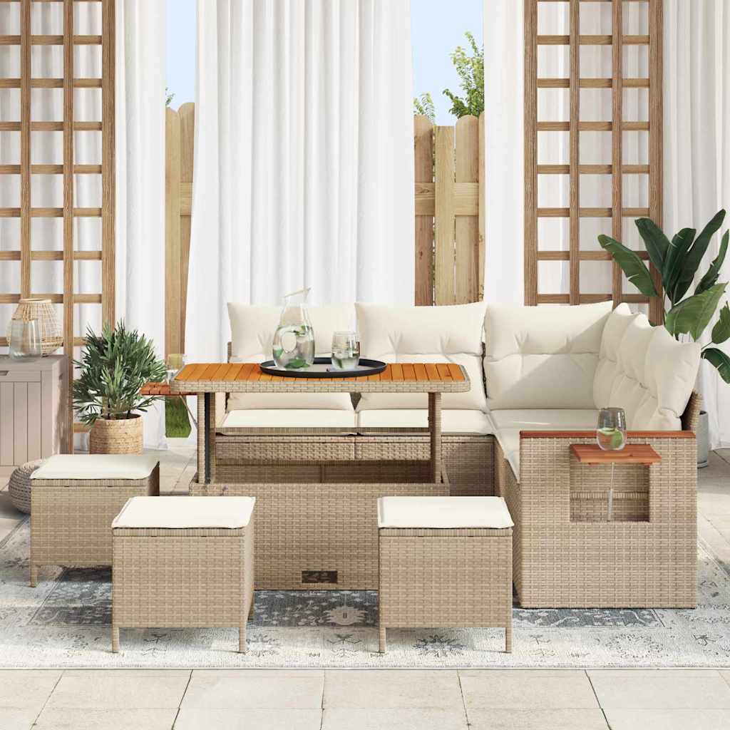 vidaXL 9-delige Tuinbankenset met kussens poly rattan acacia beige