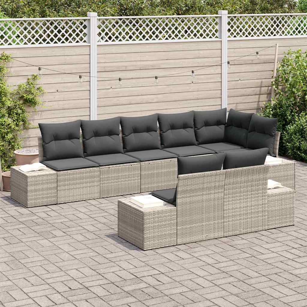 vidaXL 8-delige tuinsalonset met kussens in lichtgrijs poly rattan