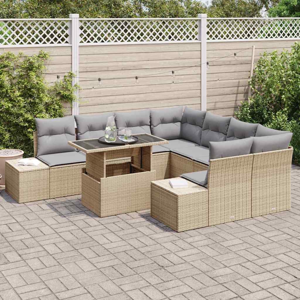 vidaXL 9-delige Tuinbankenset met kussens poly rattan beige