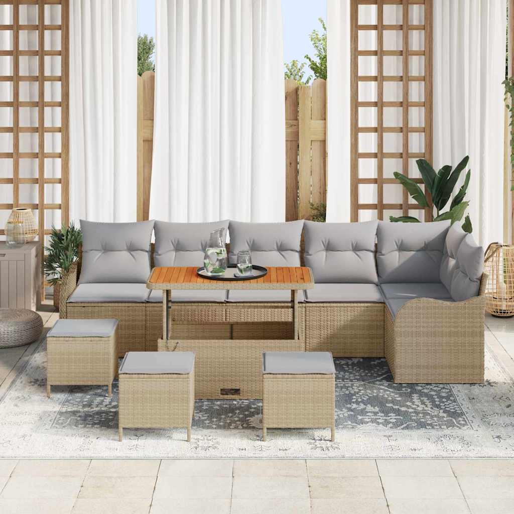 vidaXL 10-delige Tuinbankenset met kussens poly rattan acacia beige