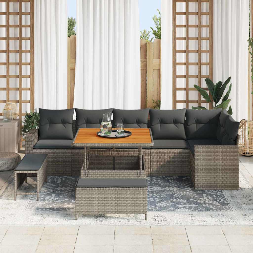 vidaXL 9-delige tuinset met kussens, grijs, poly rattan, acacia