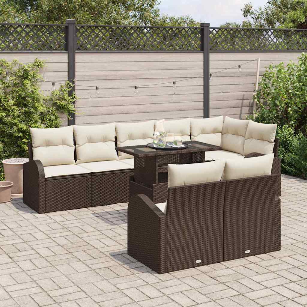 vidaXL 9-delige tuinbankset met kussens in bruin poly rattan