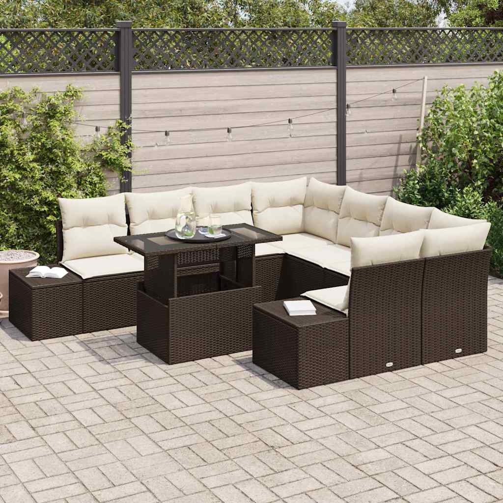 vidaXL 9-delige Tuinbankenset met kussens poly rattan bruin